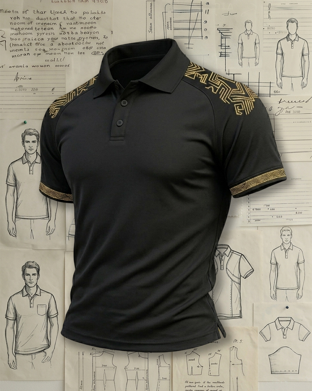 Black & Gold Geometric Curves Athletic Style Sports Polo Shirt