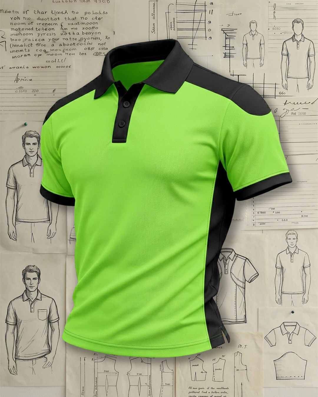 Neon Green Patchwork Panel  Wildcat Athletic Style Sports Polo Shirt