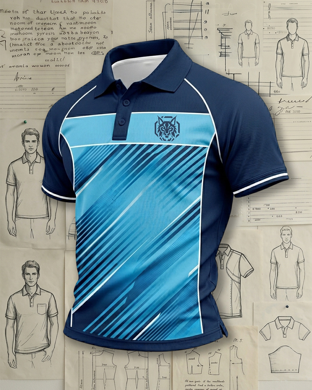 Men's Navy and Light Blue Diagonal Stripe Performance Polo Shirt
