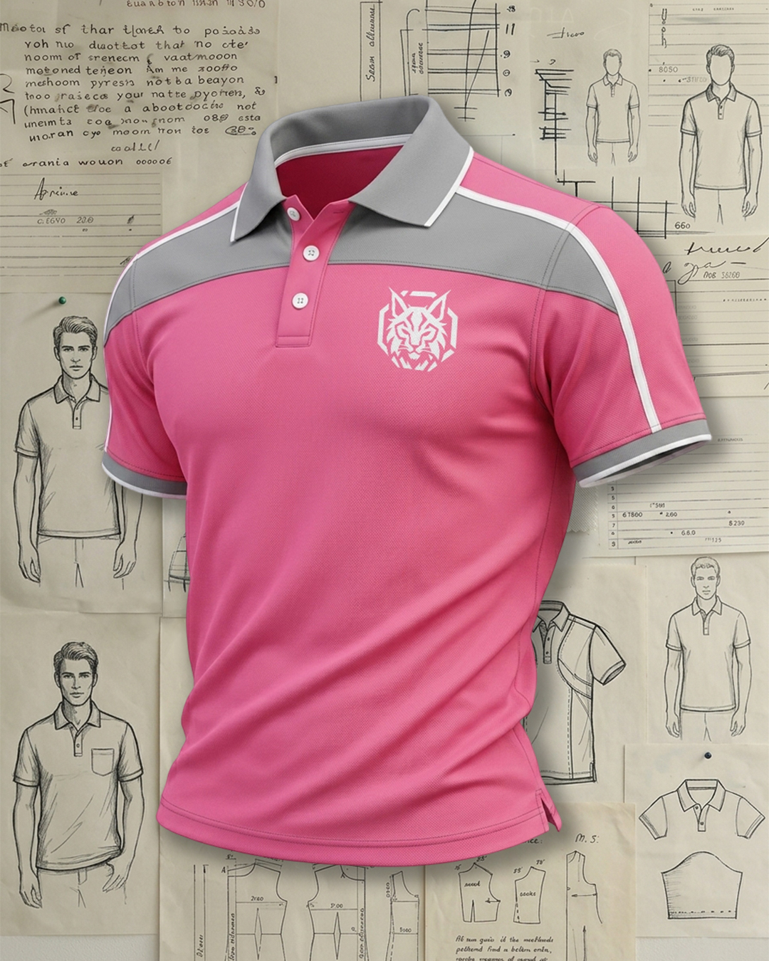Men's Pink and Grey Color Block Athletic White Trim Polo Shirt 