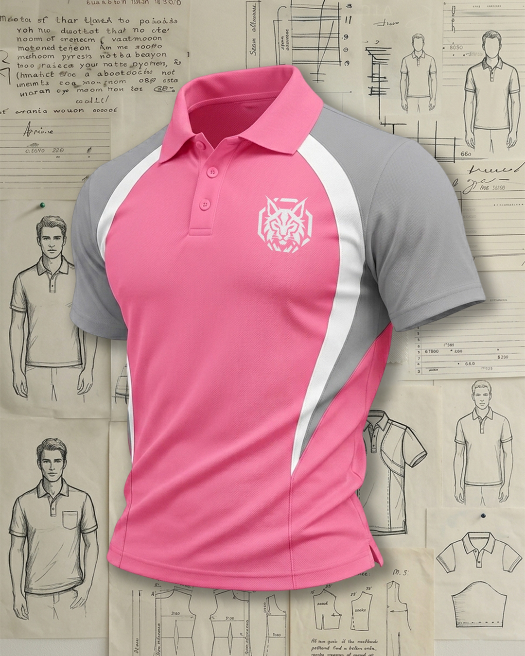 Men's Pink and Grey Curved Panel Performance Polo Shirt