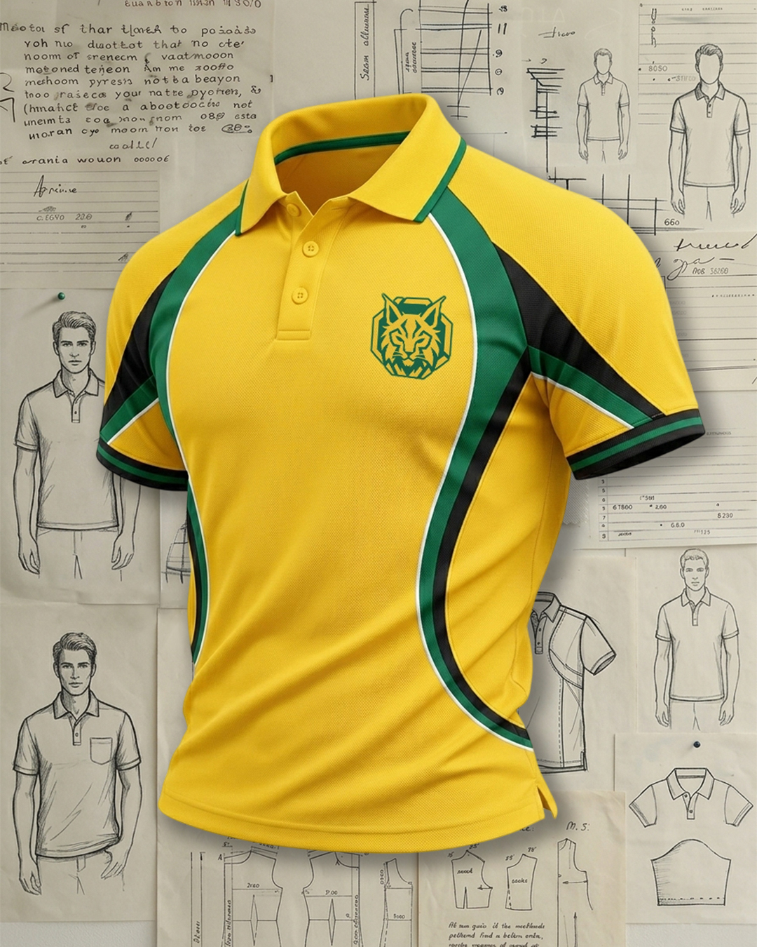 Men's Yellow, Green and Black Curved Panel Sport Polo Shirt