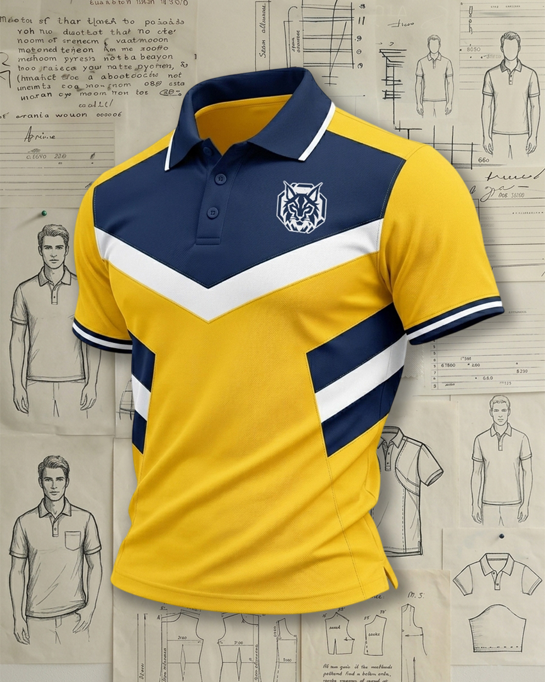 Men's Yellow, Navy and White Chevron Pattern Athletic Polo Shirt