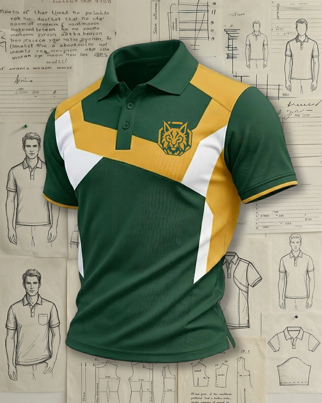 Men's Green, Yellow and White Geometric Panel Performance Polo Shirt