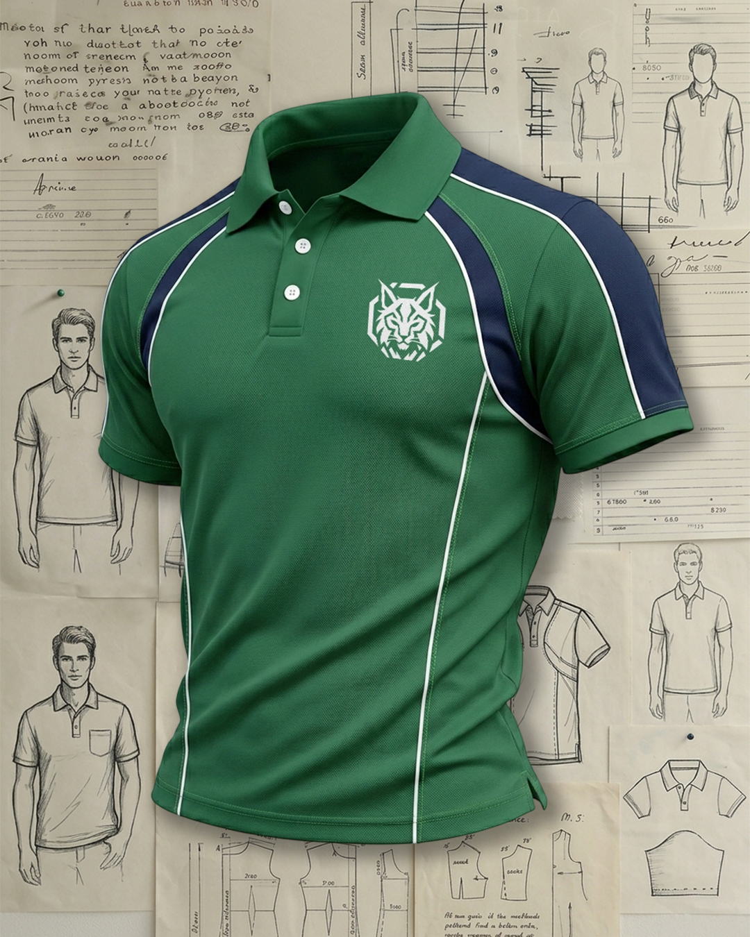Men's Green and Navy Sport White Accent Stripes Polo Shirt