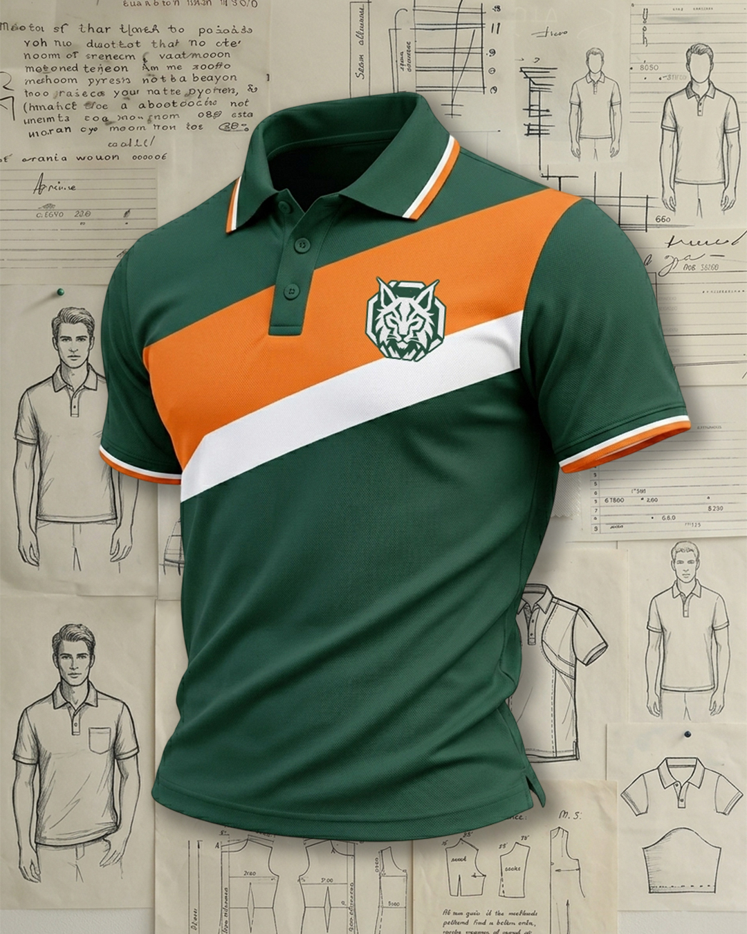 Men's Green, Orange and White Diagonal Stripe Sport Polo Shirt