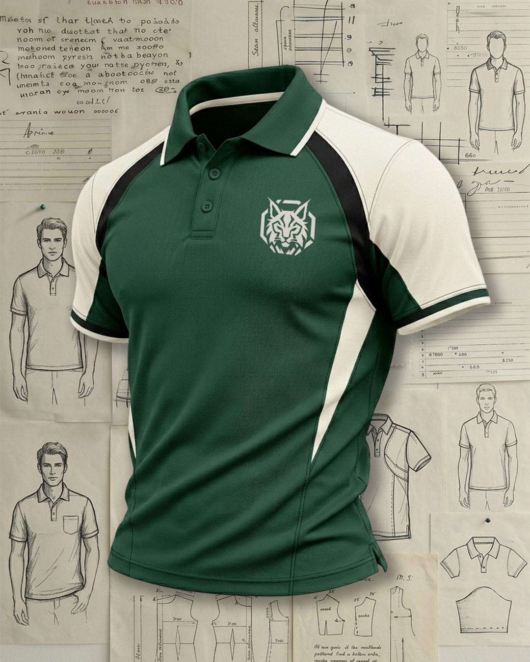 Men's Dark Green, White and Black Color Block Sport Polo Shirt
