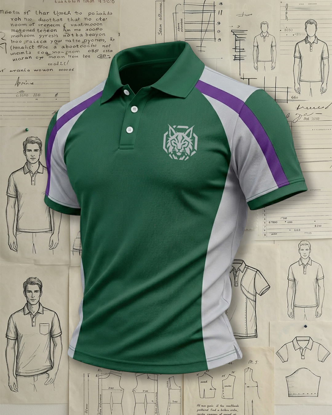 Men's Green, Grey and Purple Raglan Sleeve Athletic Polo Shirt