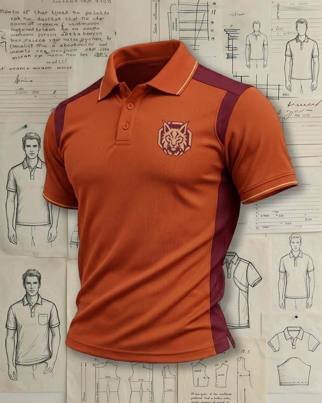 Men's Burnt Orange and Maroon Color Block Athletic Polo Shirt
