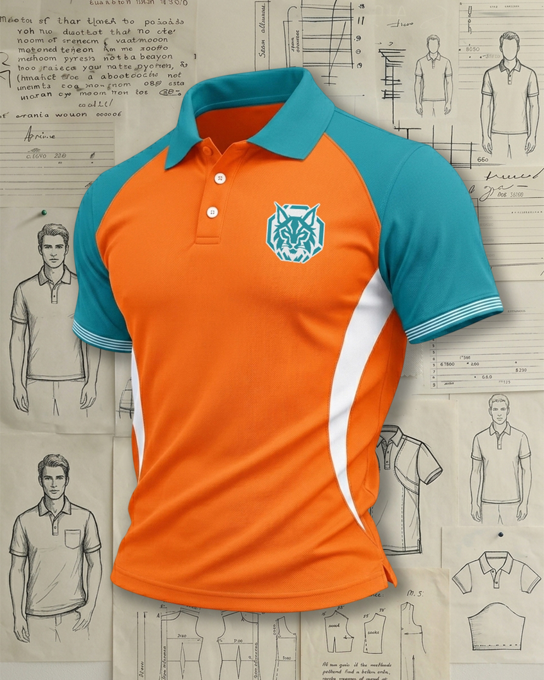 Men's Orange and Teal Color Block Raglan Sleeve Athletic Polo Shirt