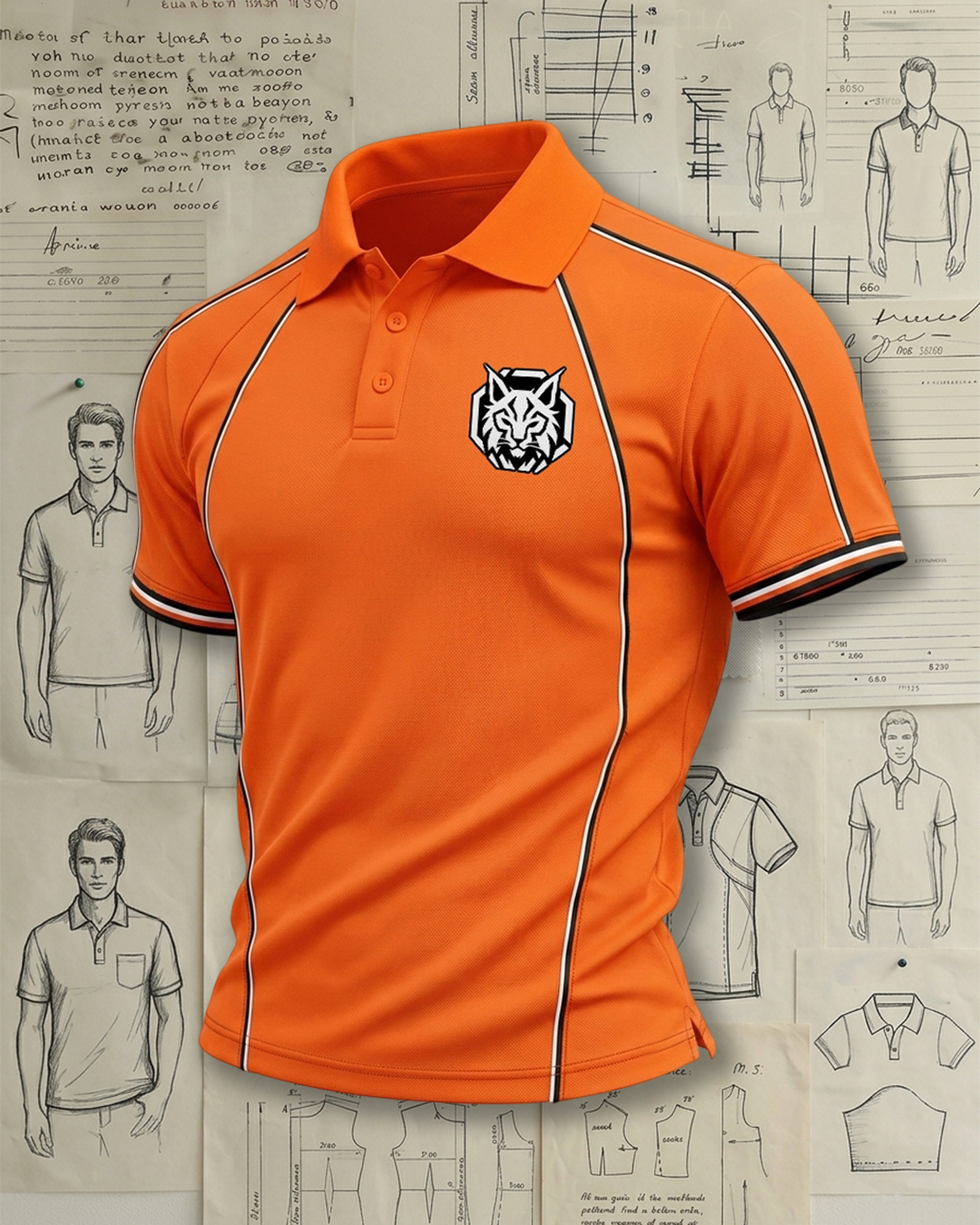 Men's Solid Orange Sport White and Black Side Accent Lines Polo Shirt 