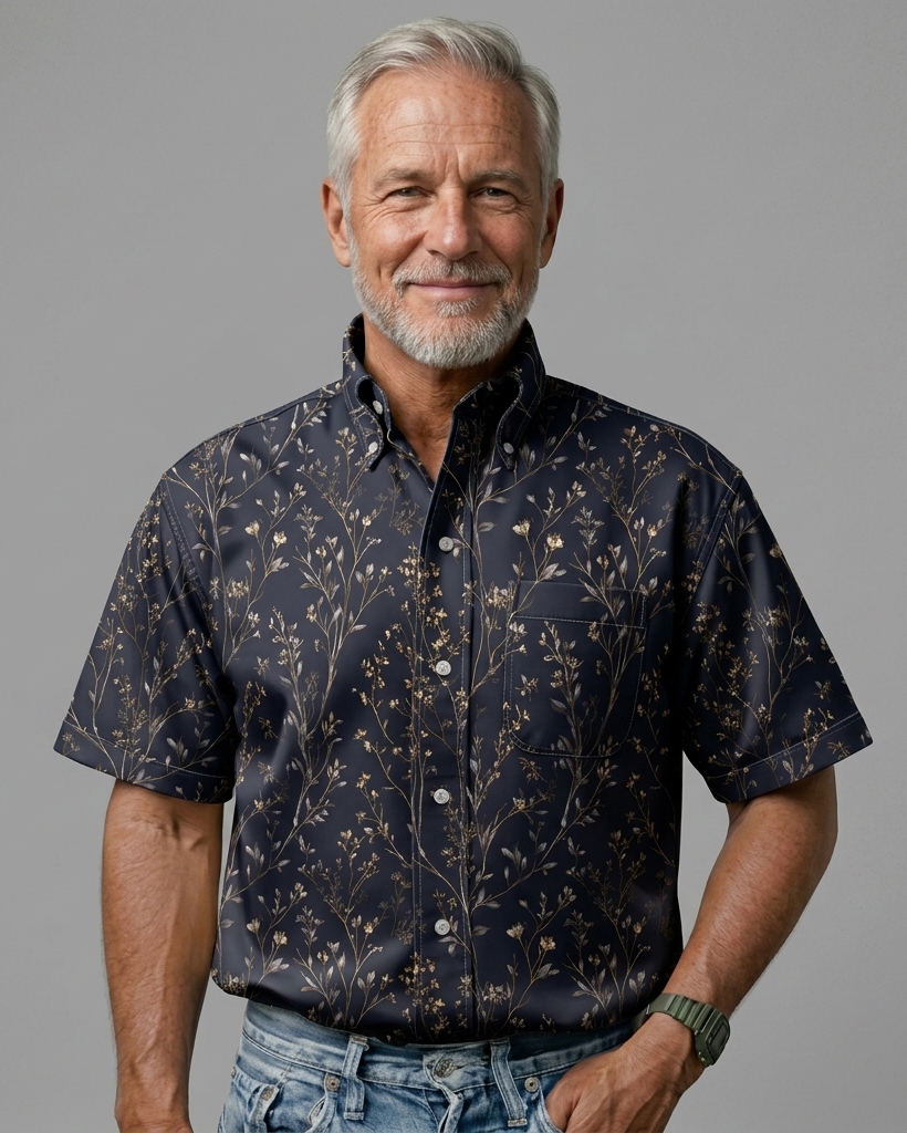 Navy Gold Botanical Branch Print Short-Sleeve Casual Shirt