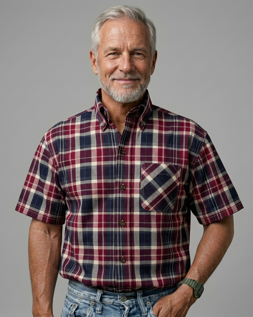 Wine Red and Navy Heritage Plaid Short-Sleeve Casual Shirt