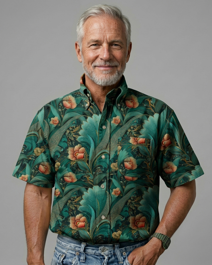 Emerald Tropical Botanical Print Short-Sleeve Casual Shirt