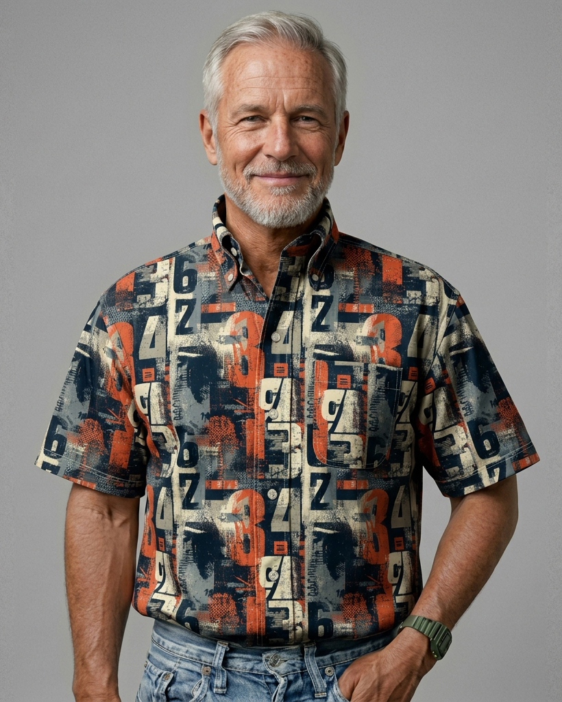 Vintage Distressed Number Print Short-Sleeve Casual Shirt