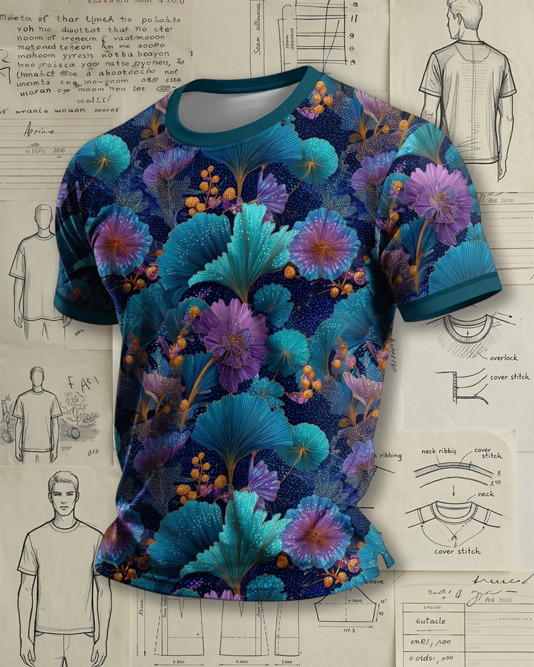 Men's Dark Blue Teal & Purple Ginkgo Floral Graphic Casual T-Shirt