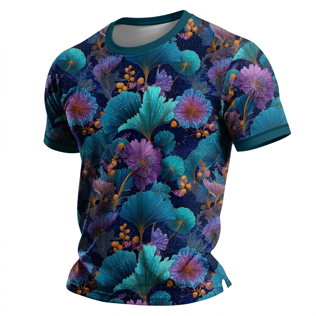 Men's Dark Blue Teal & Purple Ginkgo Floral Graphic Casual T-Shirt