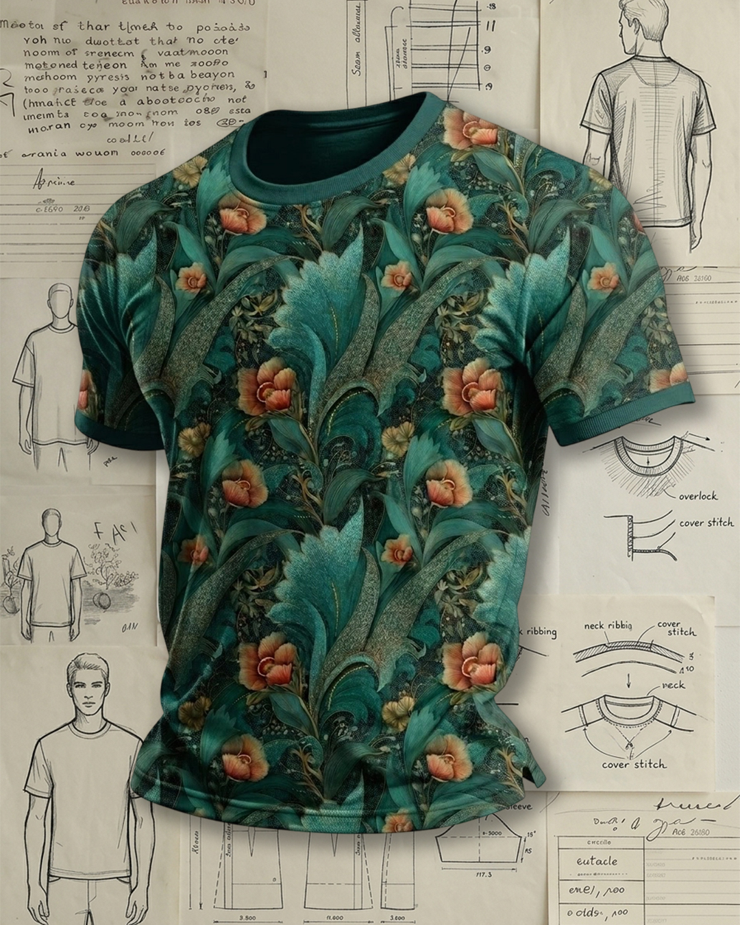 Men's Emerald Green Vintage Botanical Art Print Short Sleeve T-Shirt