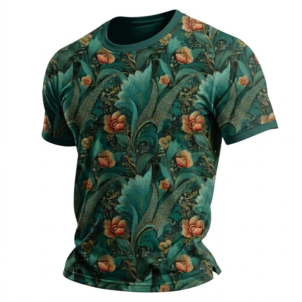 Men's Emerald Green Vintage Botanical Art Print Short Sleeve T-Shirt