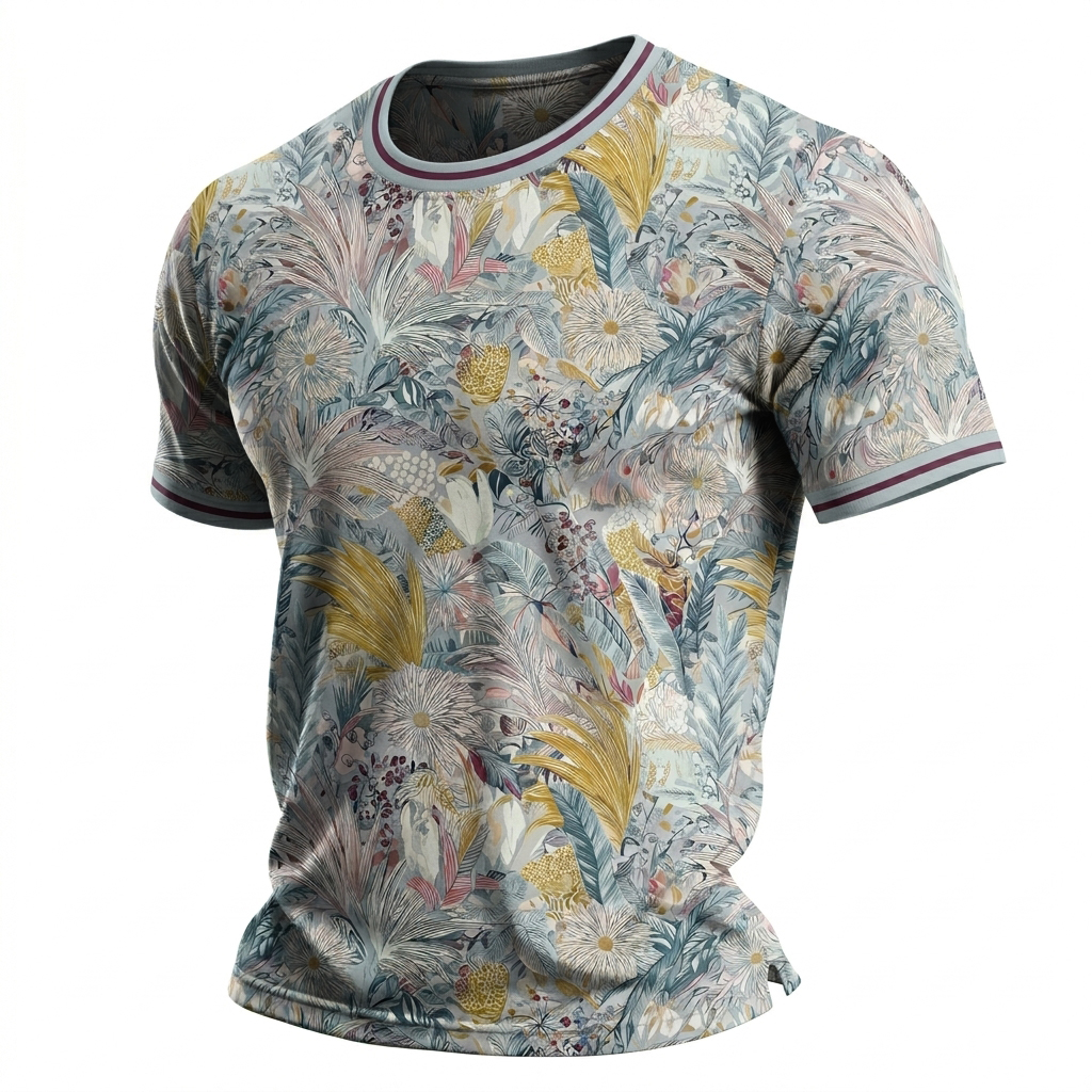 Men's Light Tropical Botanical Print Casual Crew Neck T-Shirt
