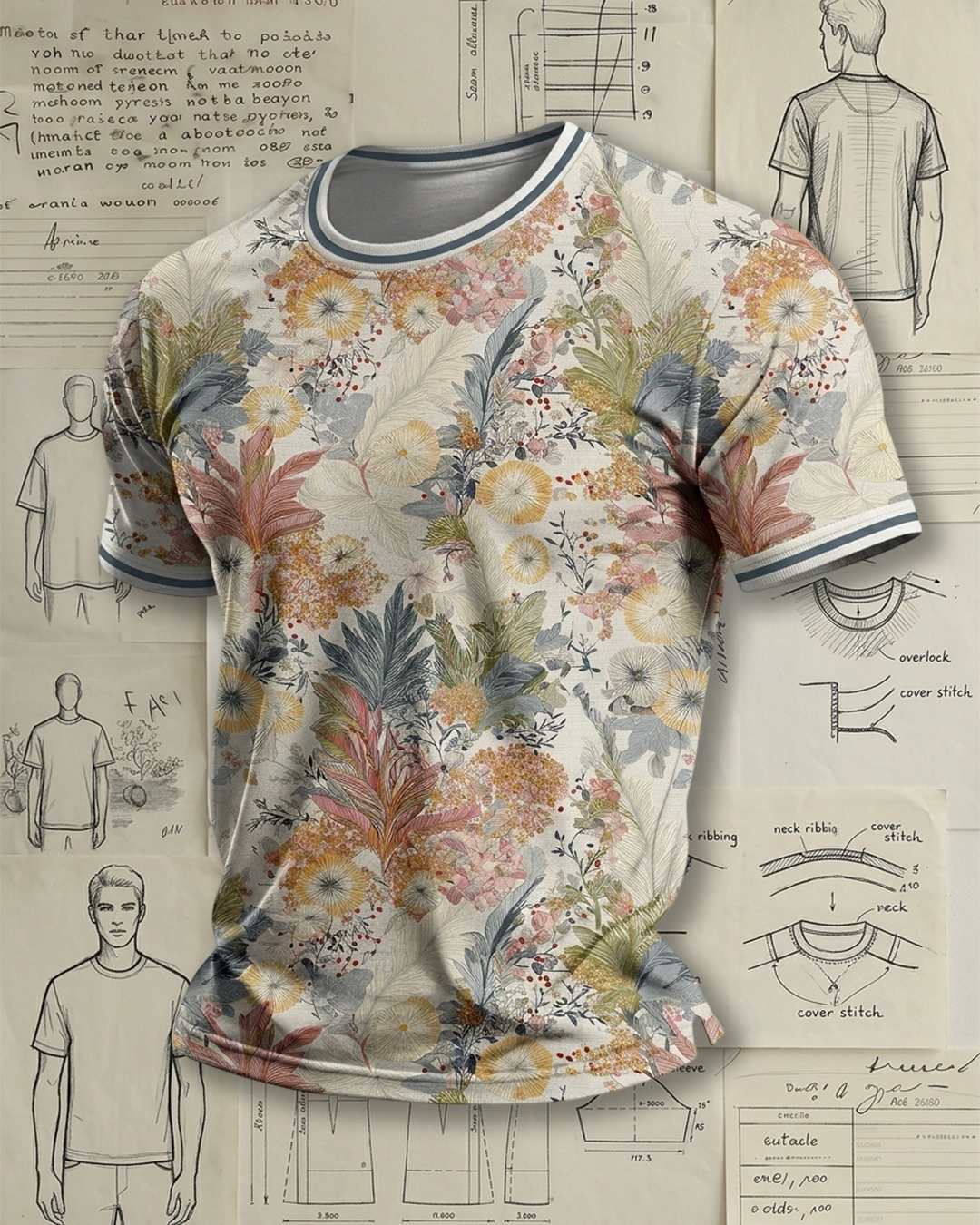 Men's Japanese Watercolor Floral Print Soft Short Sleeve T-Shirt