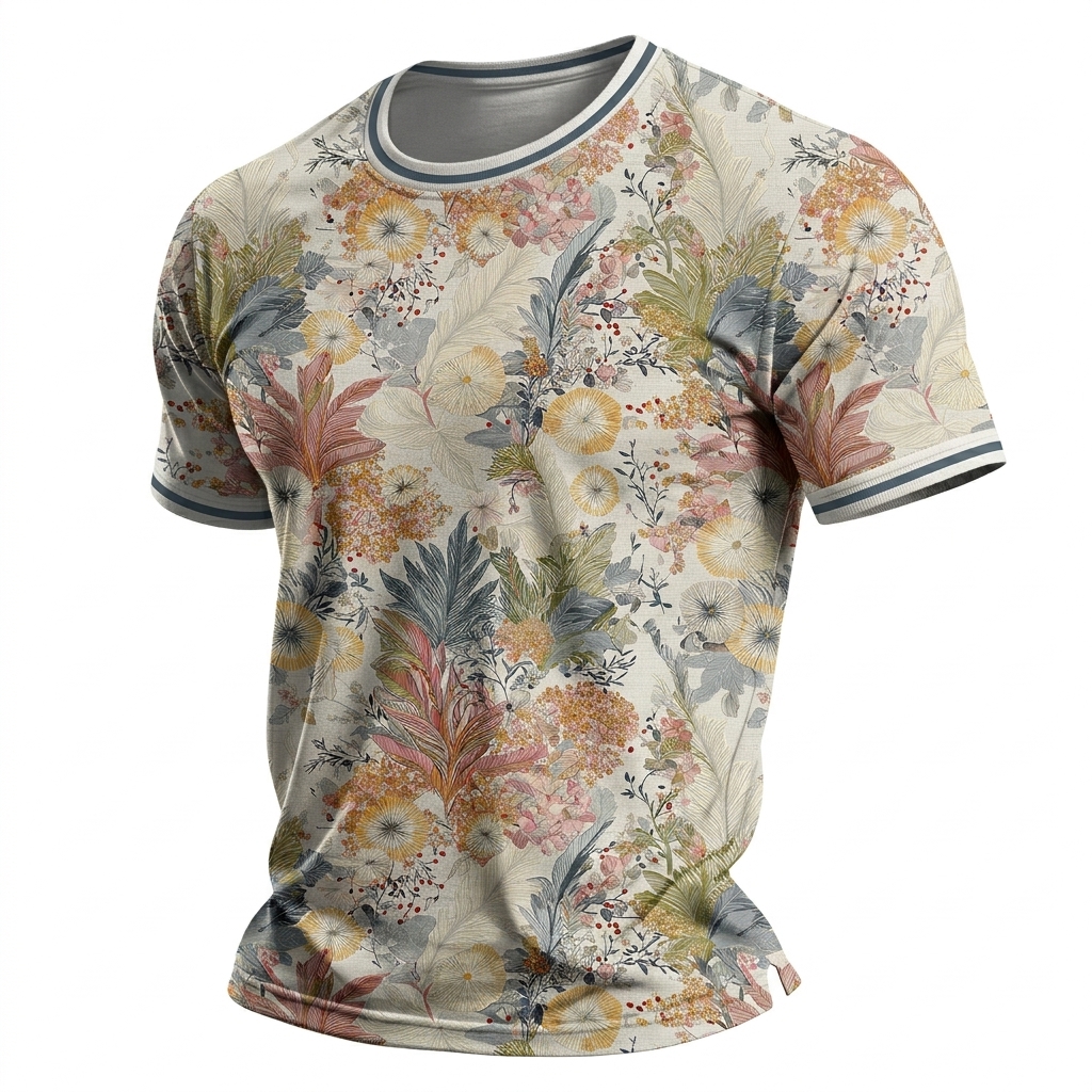 Men's Japanese Watercolor Floral Print Soft Short Sleeve T-Shirt