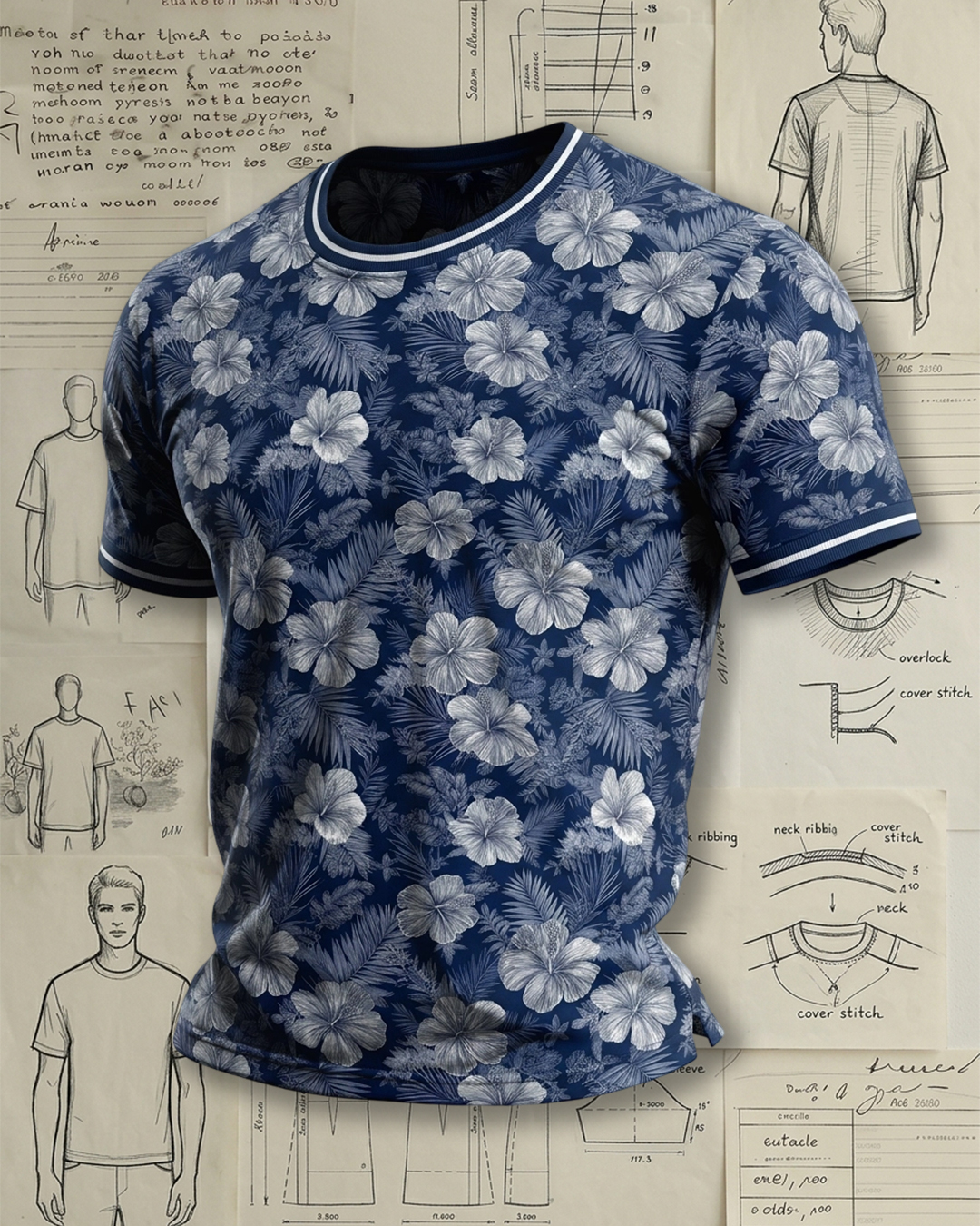Men's Navy Blue Hibiscus Hawaiian Print Short Sleeve Casual T-Shirt