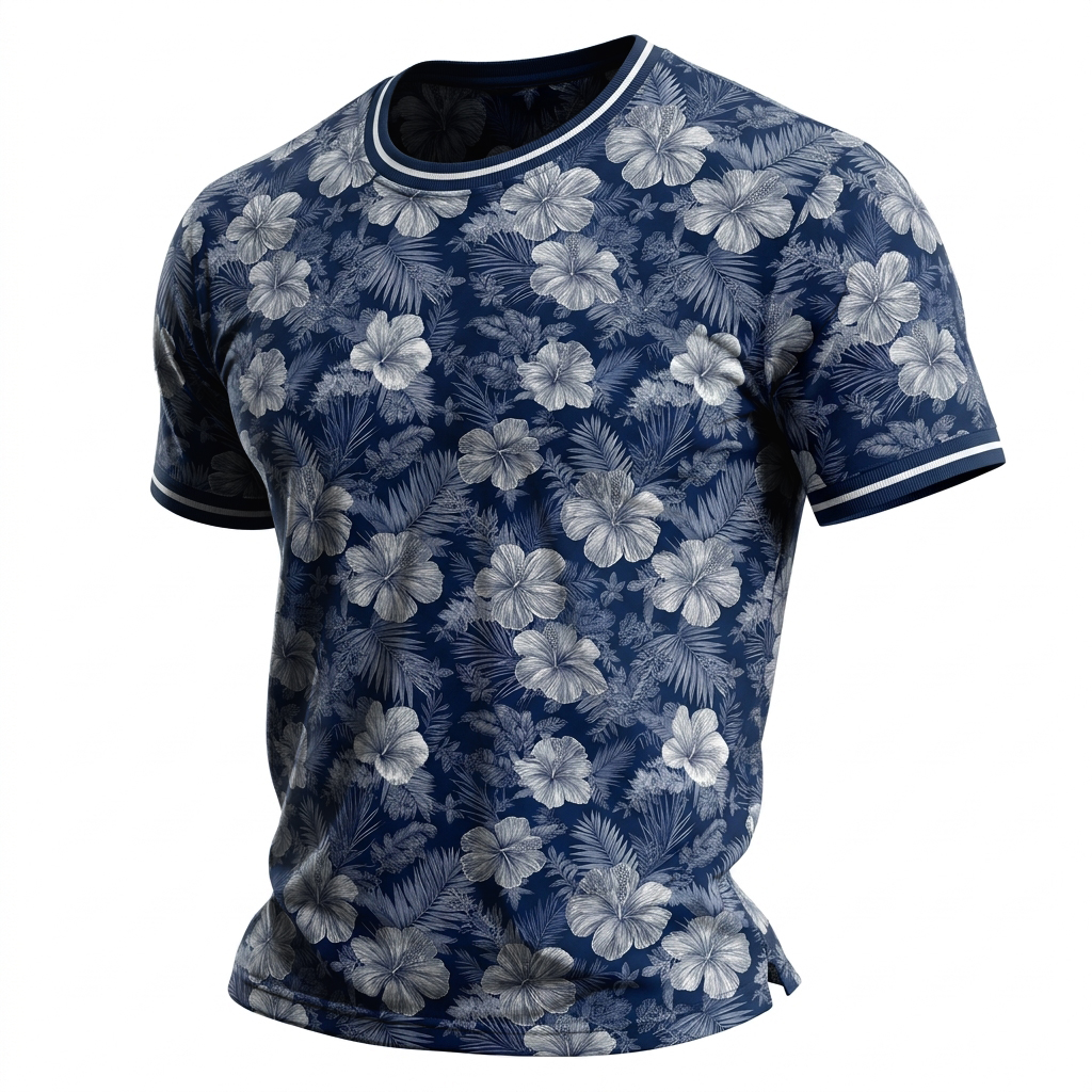Men's Navy Blue Hibiscus Hawaiian Print Short Sleeve Casual T-Shirt
