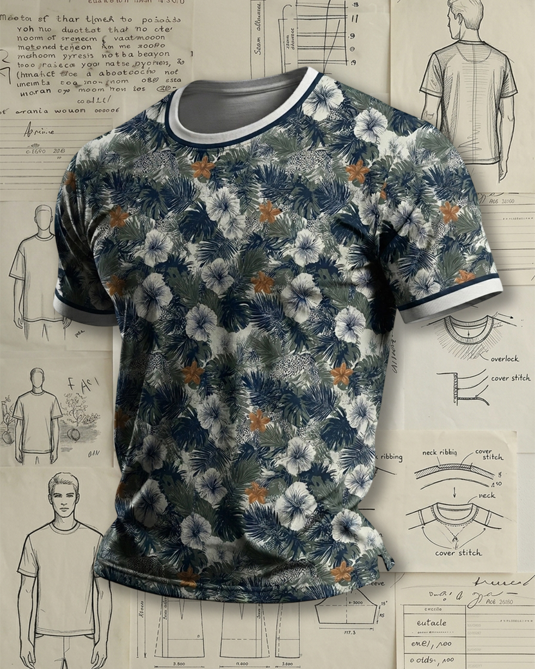 Men's Tropical Hibiscus & Palm Print Short Sleeve Crew Neck T-Shirt