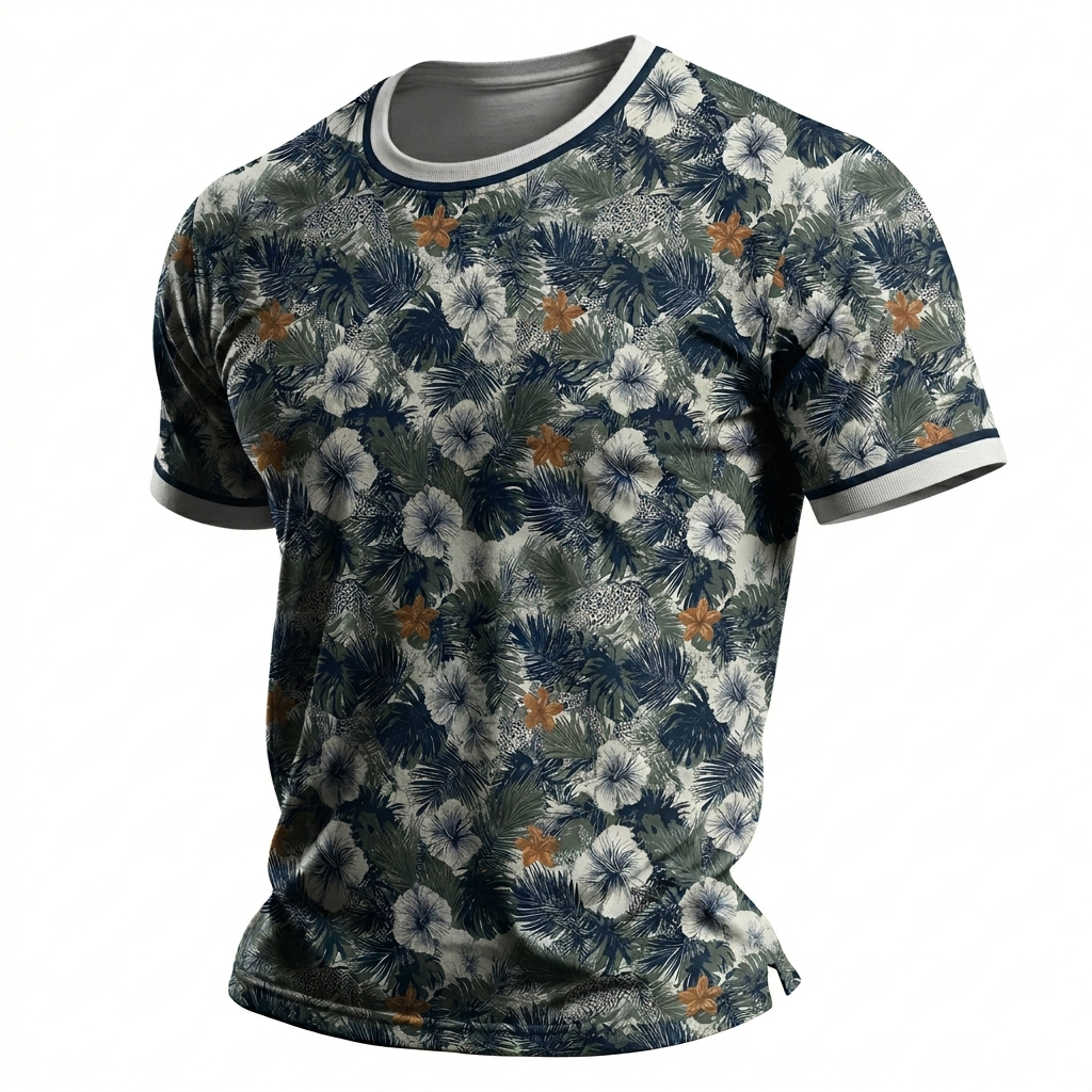 Men's Tropical Hibiscus & Palm Print Short Sleeve Crew Neck T-Shirt