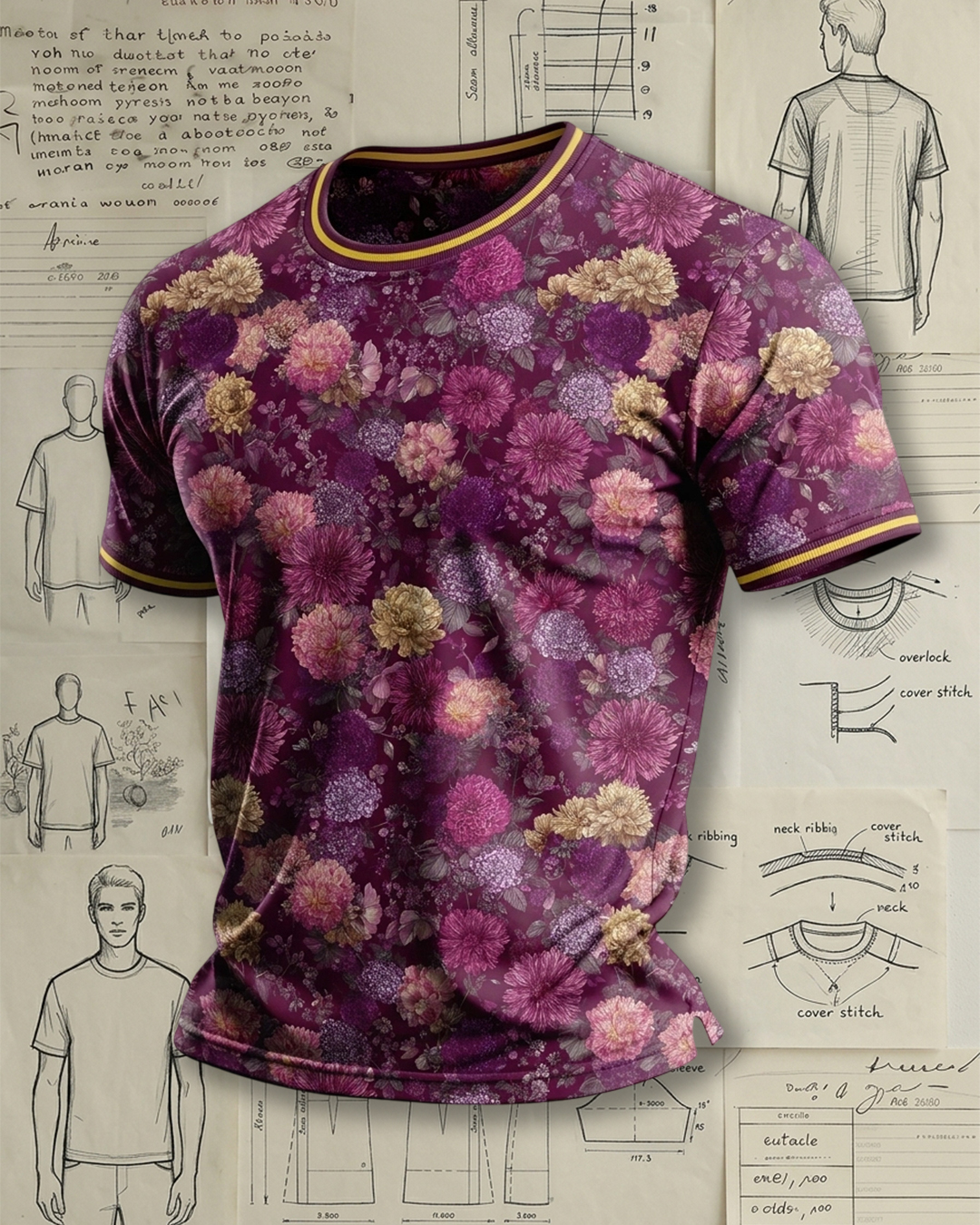 Men's Dark Purple Vintage Floral Print Casual Short Sleeve T-Shirt