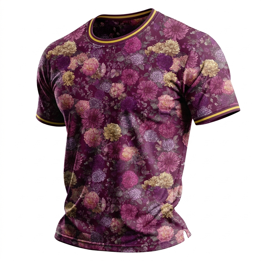 Men's Dark Purple Vintage Floral Print Casual Short Sleeve T-Shirt