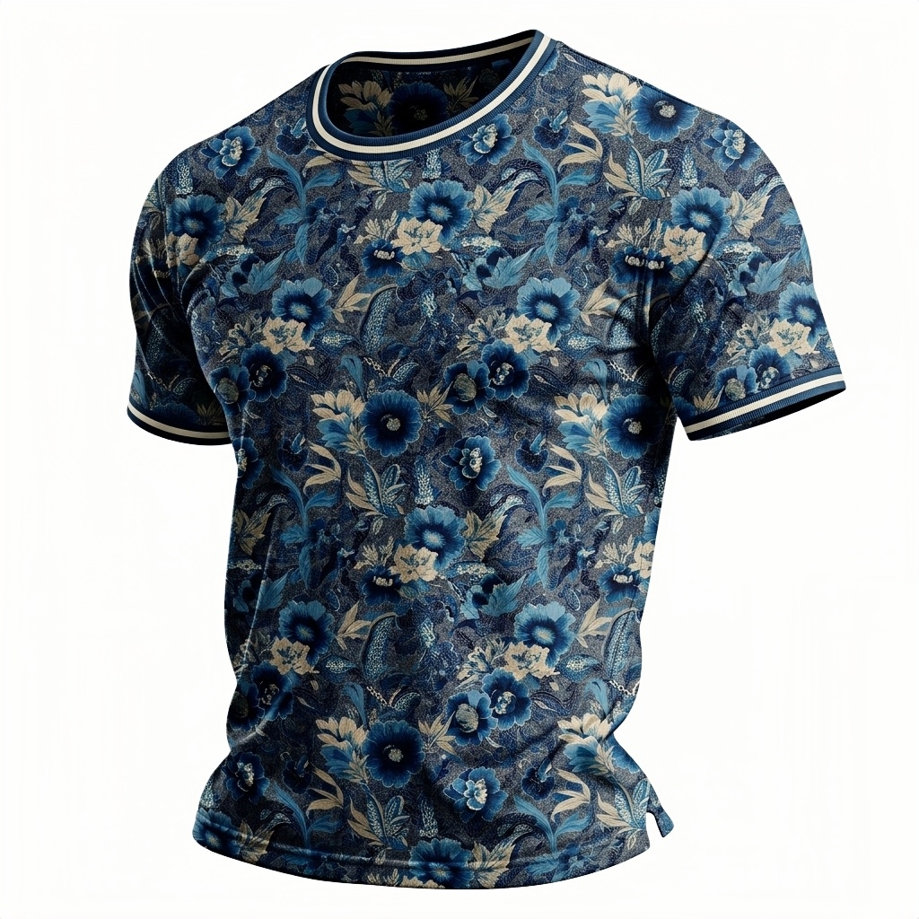 Men's Blue Indigo Floral Paisley Print Short Sleeve T-Shirt