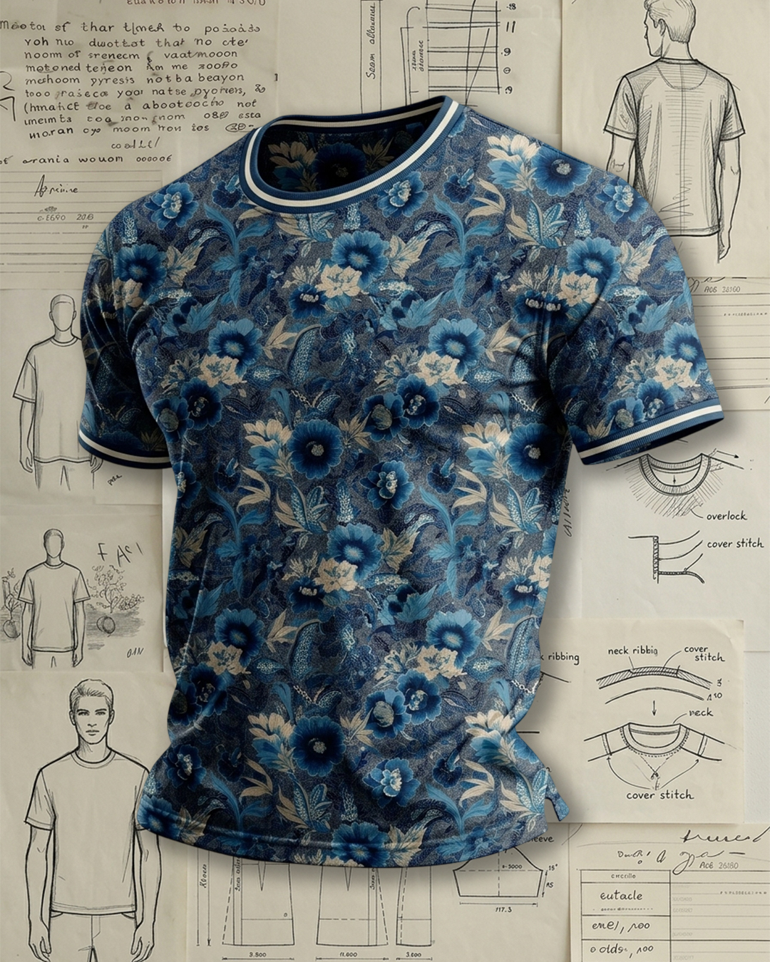 Men's Blue Indigo Floral Paisley Print Short Sleeve T-Shirt