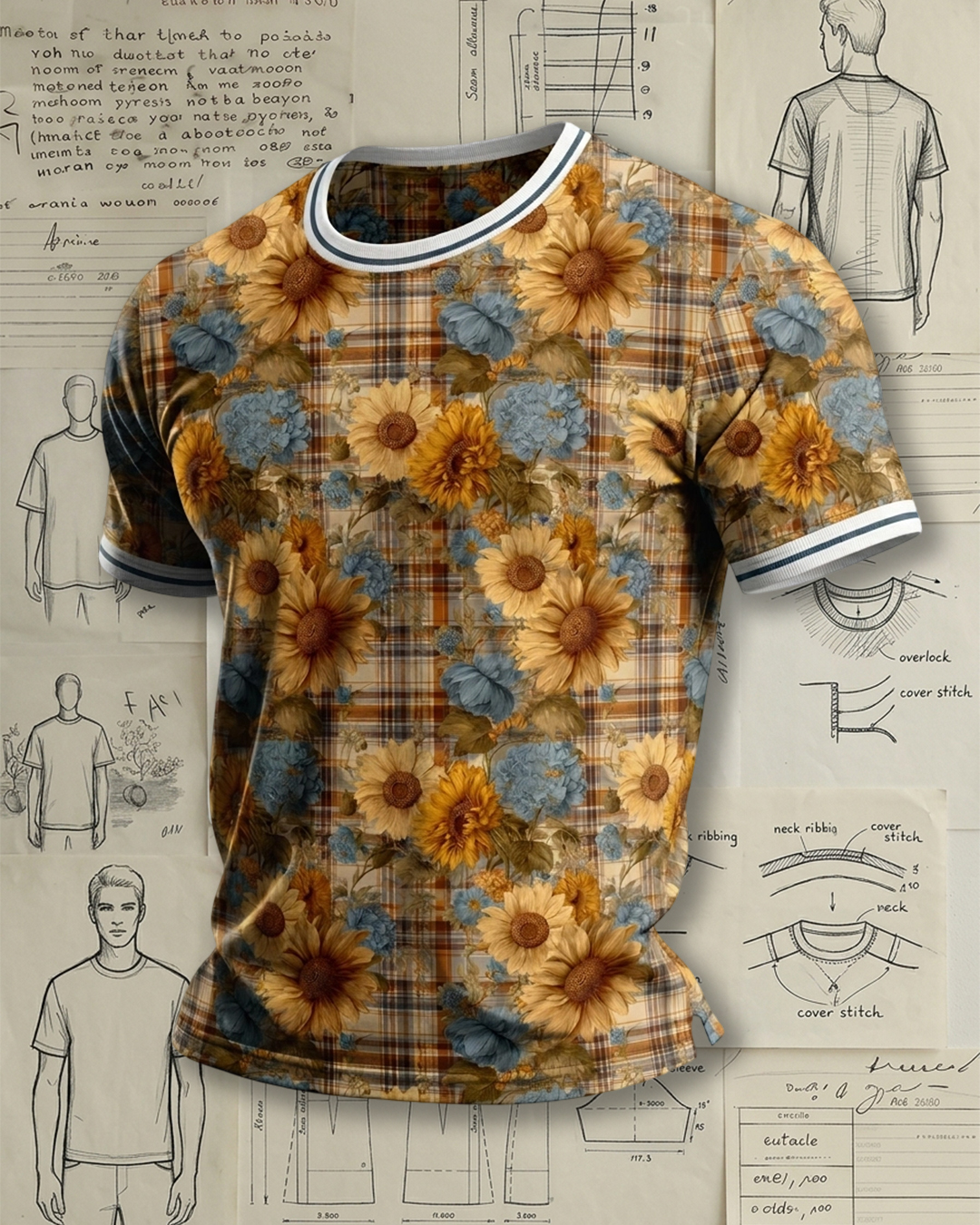 Men's Sunflower & Plaid Print Short Sleeve Crew Neck T-Shirt