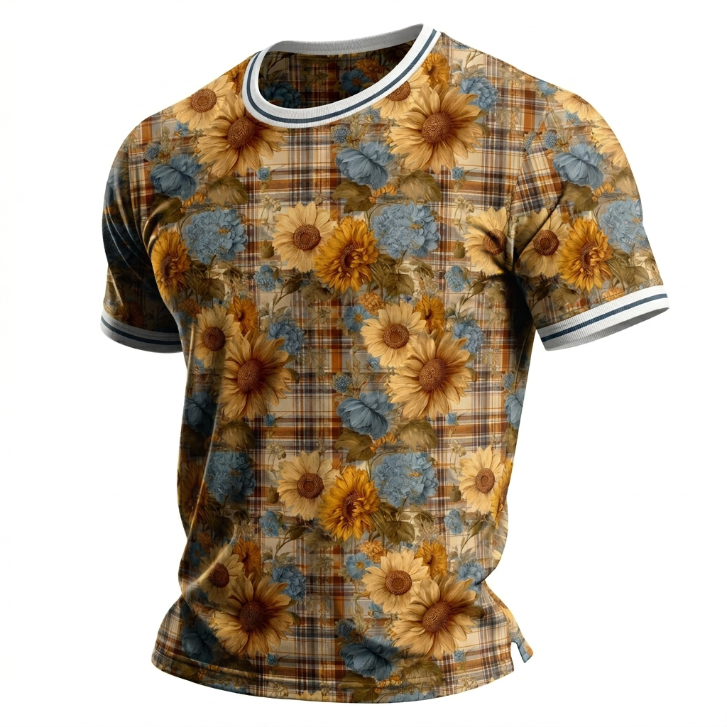 Men's Sunflower & Plaid Print Short Sleeve Crew Neck T-Shirt