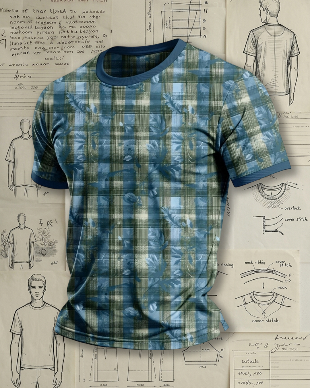 Men's Blue and Green Plaid with Leaf Print Casual T-Shirt
