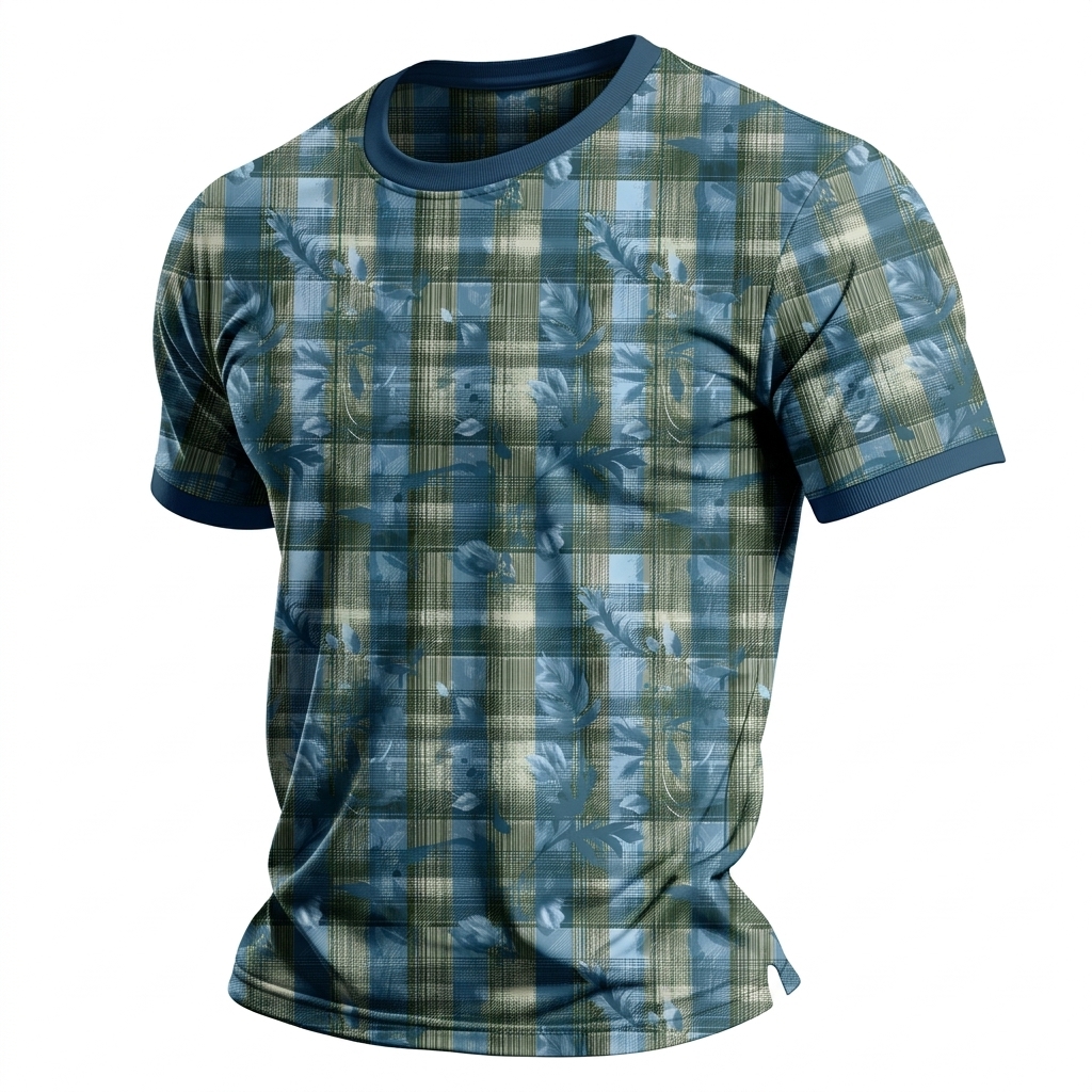 Men's Blue and Green Plaid with Leaf Print Casual T-Shirt