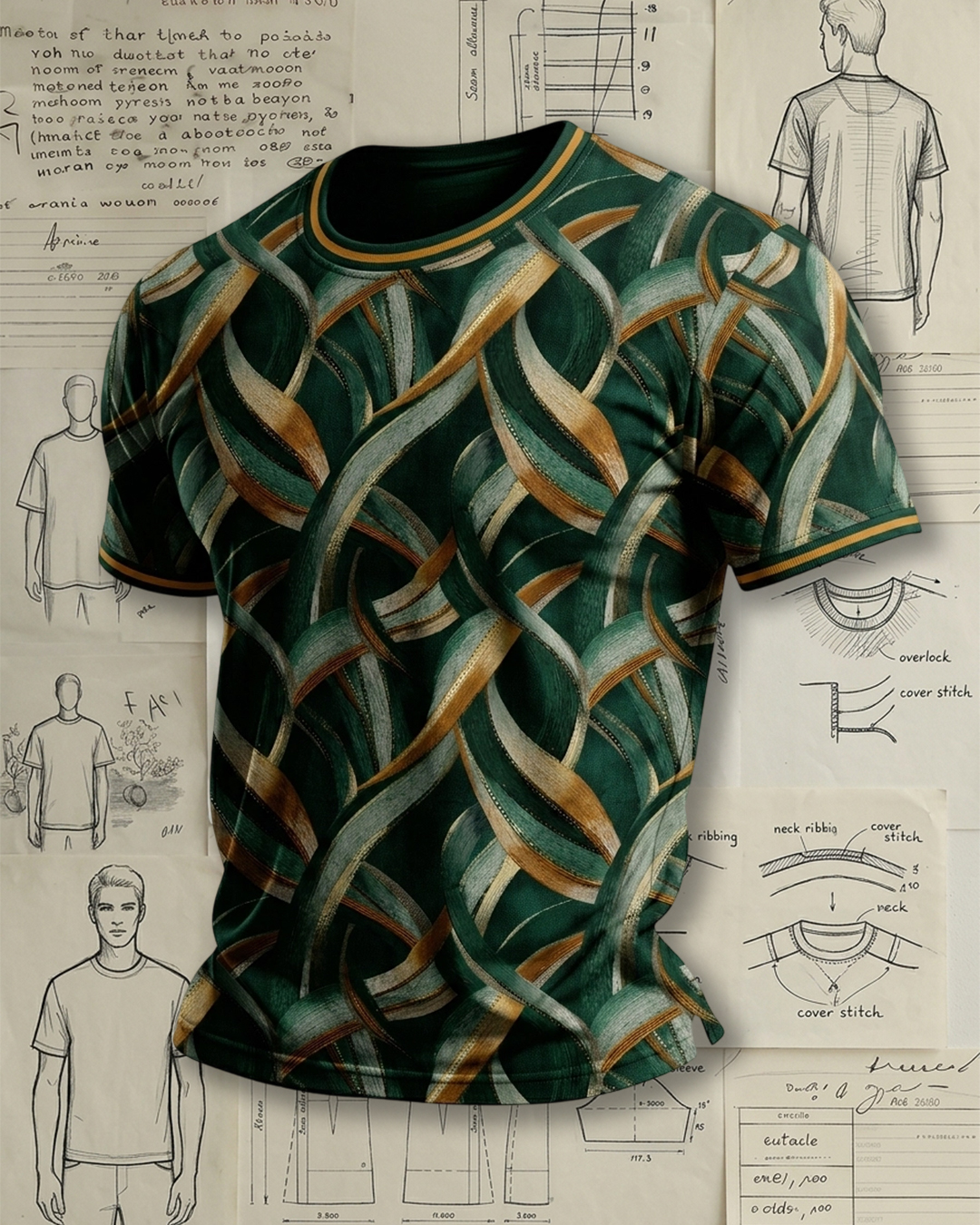 Men's Dark Green and Gold Abstract Leaf Print Casual T-Shirt