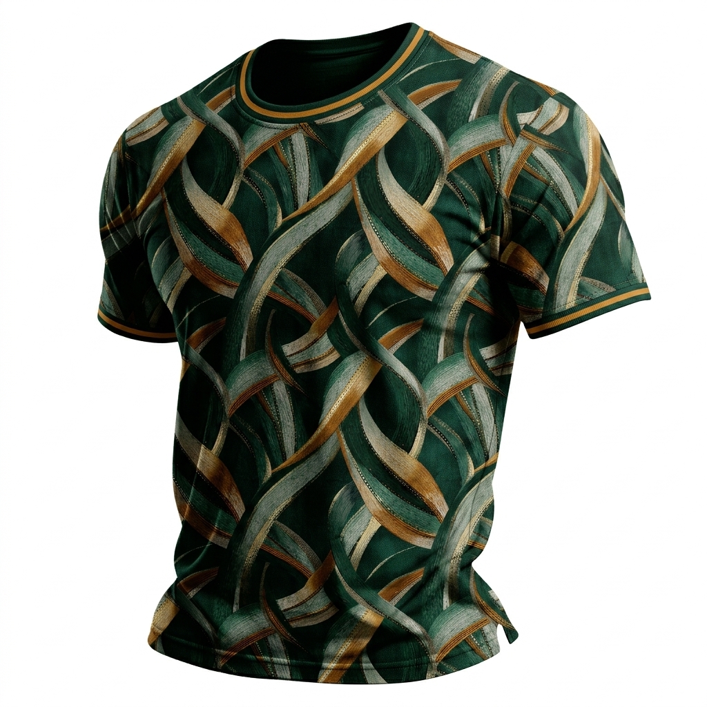 Men's Dark Green and Gold Abstract Leaf Print Casual T-Shirt