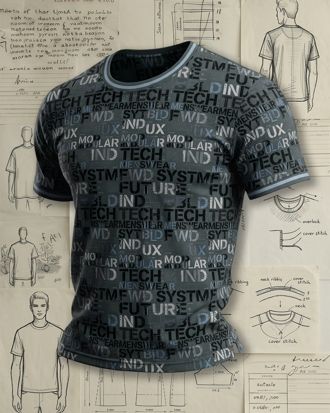 Men's Grey Techwear Typography Print Streetwear T-Shirt