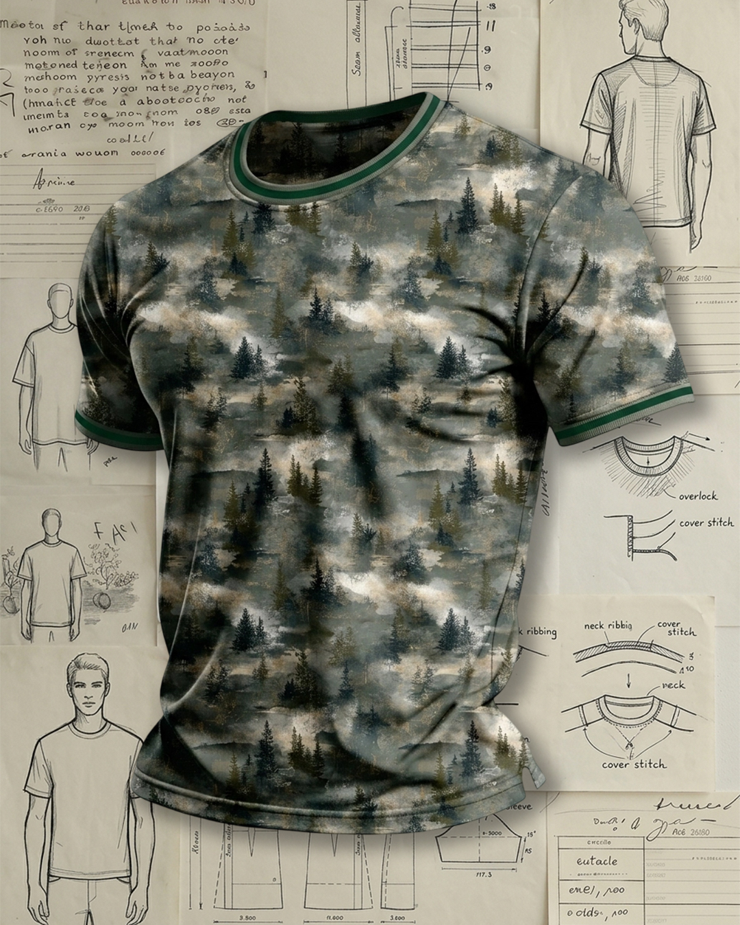 Men's Olive Green Misty Pine Forest Watercolor Print Short Sleeve Crew Neck T-Shirt