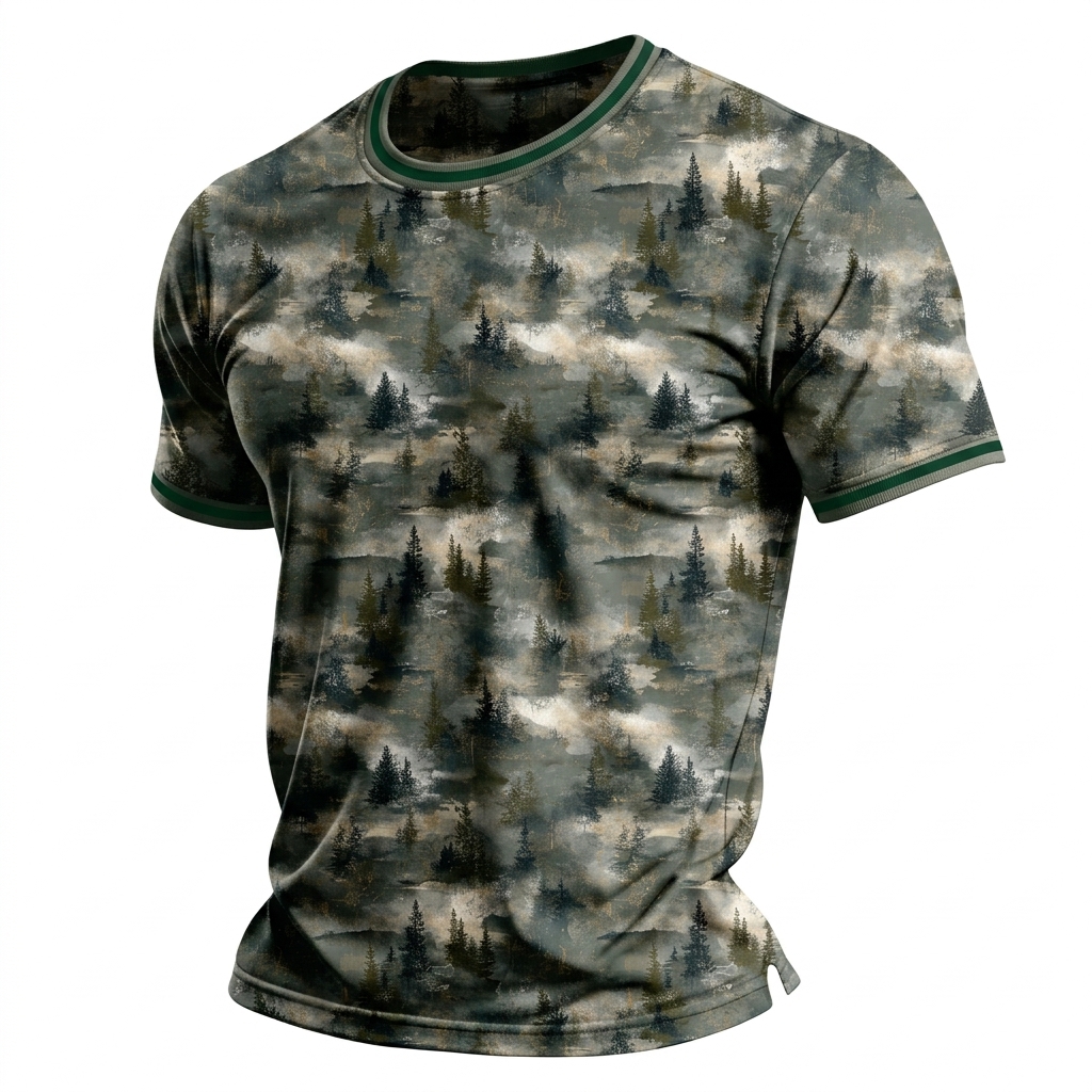 Men's Olive Green Misty Pine Forest Watercolor Print Short Sleeve Crew Neck T-Shirt