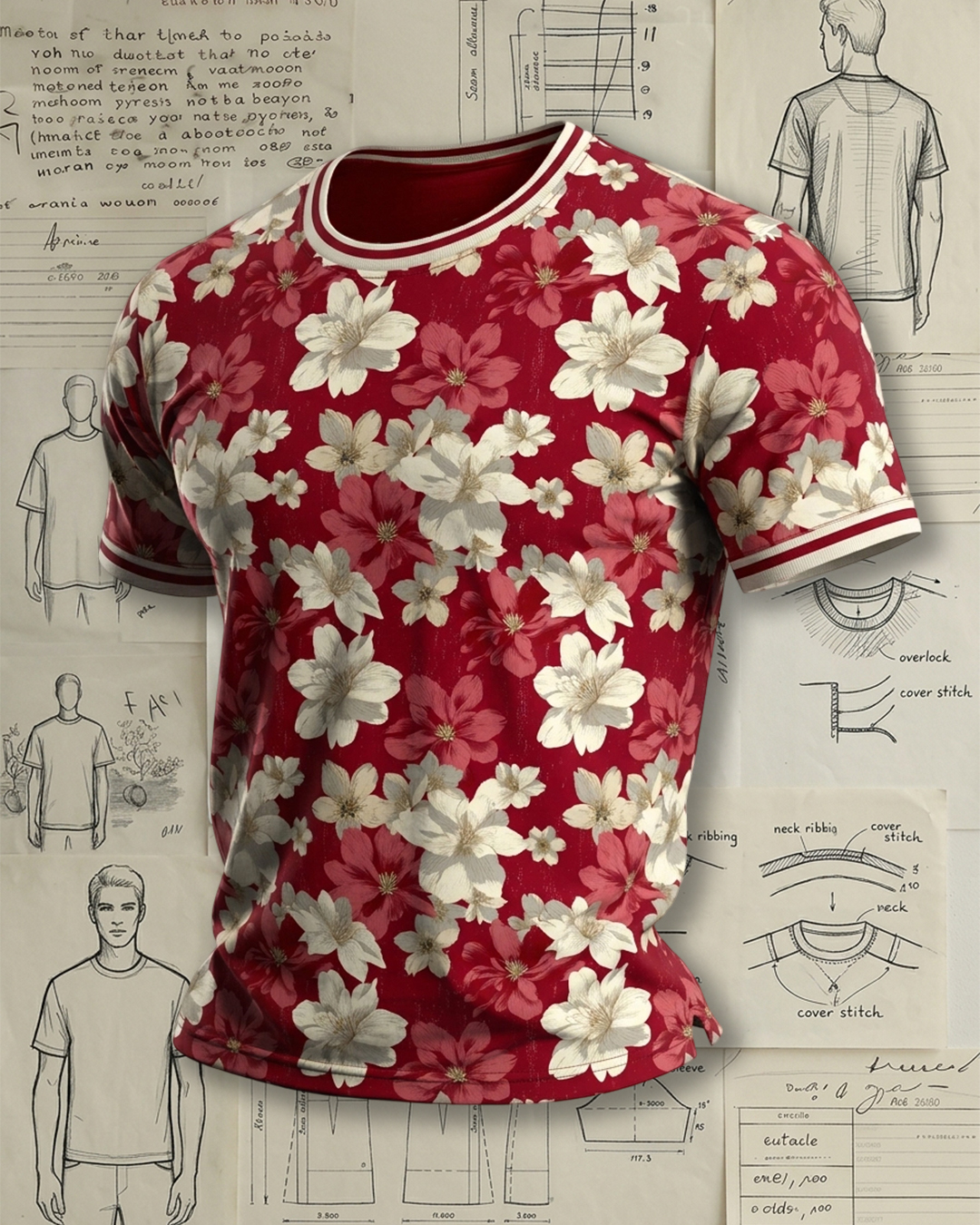 Men's Crimson Red & White Floral Print Casual Crew Neck T-Shirt