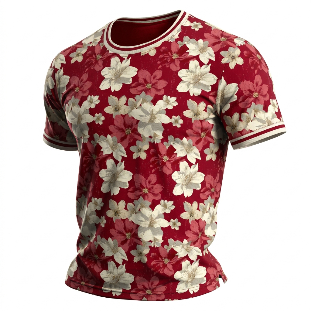 Men's Crimson Red & White Floral Print Casual Crew Neck T-Shirt