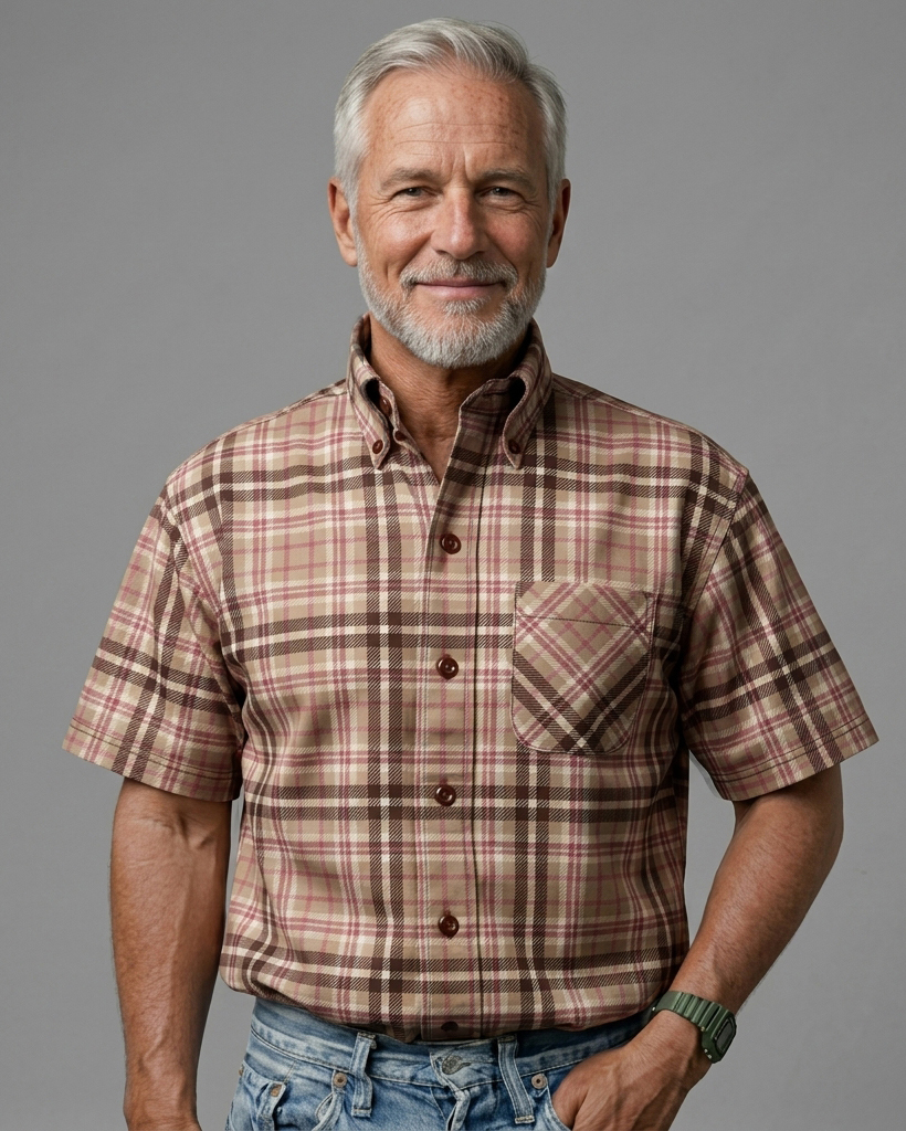 Dusty Rose and Taupe Neutral Plaid Short-Sleeve Casual Shirt