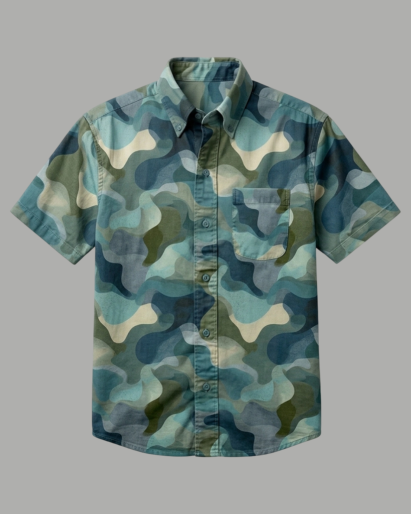 Coastal Teal Watercolor Camo Short-Sleeve Casual Shirt