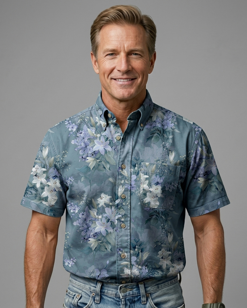 Teal Watercolor Lily Floral Print Short-Sleeve Casual Shirt