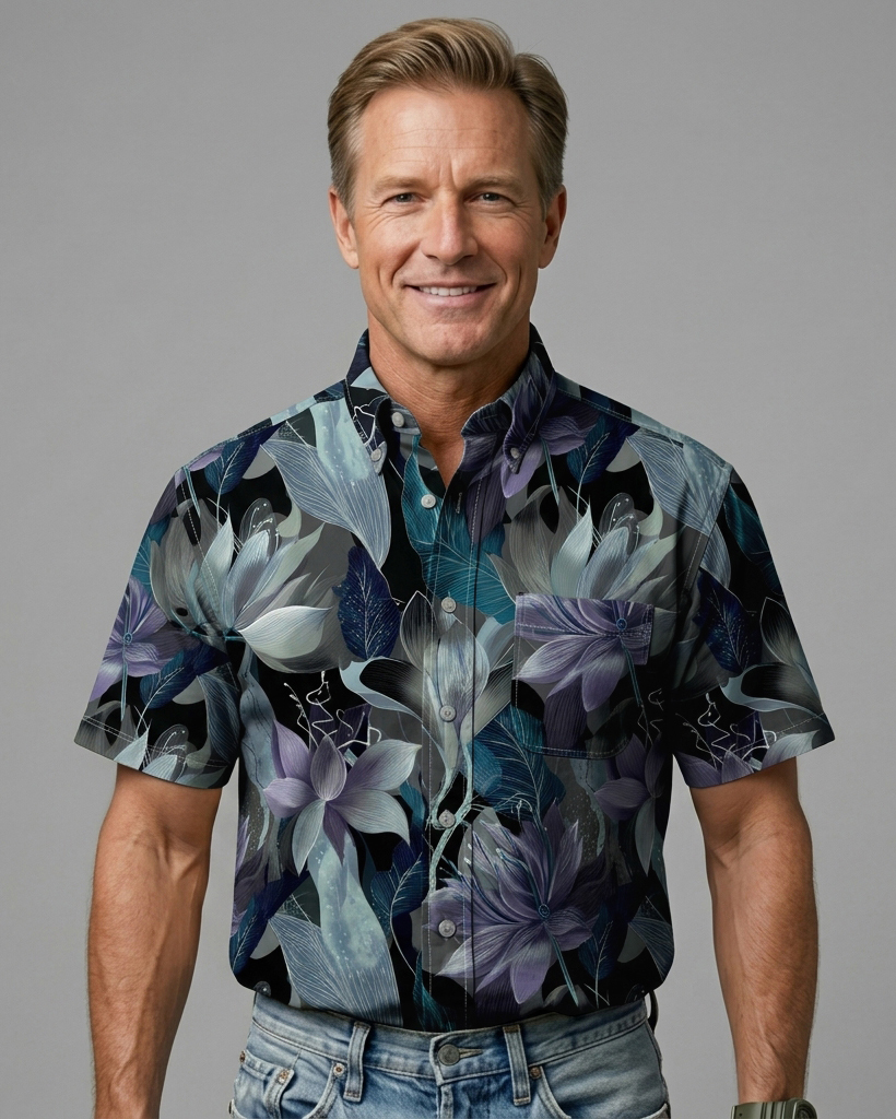 Dark Indigo Watercolor Lotus Print Short-Sleeve Casual Shirt