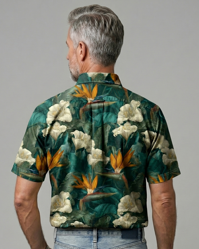 Emerald Tropical Bird of Paradise Print Short-Sleeve Casual Shirt